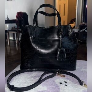 Black Croc-Embossed Handbag with Strap
